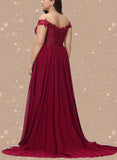 Marcia A-line Off the Shoulder Sweep Train Chiffon Lace Evening Dress With Sequins UKP0020830