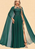 Louise A-line Scoop Illusion Floor-Length Chiffon Lace Evening Dress With Sequins UKP0020831