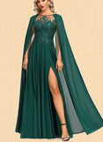 Louise A-line Scoop Illusion Floor-Length Chiffon Lace Evening Dress With Sequins UKP0020831