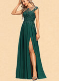 Louise A-line Scoop Illusion Floor-Length Chiffon Lace Evening Dress With Sequins UKP0020831