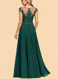 Louise A-line Scoop Illusion Floor-Length Chiffon Lace Evening Dress With Sequins UKP0020831