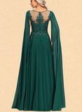 Louise A-line Scoop Illusion Floor-Length Chiffon Lace Evening Dress With Sequins UKP0020831