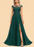 Louise A-line Scoop Illusion Floor-Length Chiffon Lace Evening Dress With Sequins UKP0020831