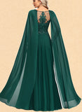 Louise A-line Scoop Illusion Floor-Length Chiffon Lace Evening Dress With Sequins UKP0020831