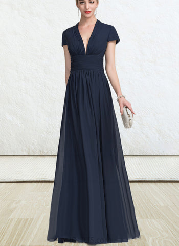 Erika A-line V-Neck Floor-Length Chiffon Evening Dress With Pleated UKP0020833