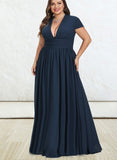 Erika A-line V-Neck Floor-Length Chiffon Evening Dress With Pleated UKP0020833