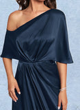 Kathryn Sheath/Column One Shoulder Tea-Length Silky Satin Cocktail Dress UKP0020834