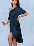 Kathryn Sheath/Column One Shoulder Tea-Length Silky Satin Cocktail Dress UKP0020834