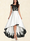 Meghan A-line Scoop Illusion Asymmetrical Lace Satin Evening Dress UKP0020836