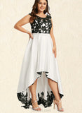 Meghan A-line Scoop Illusion Asymmetrical Lace Satin Evening Dress UKP0020836