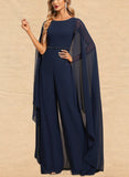 Liana Jumpsuit/Pantsuit Scoop Floor-Length Chiffon Evening Dress With Beading Sequins UKP0020837