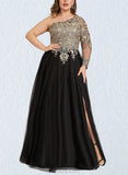 Jessica A-line One Shoulder Floor-Length Lace Tulle Evening Dress With Sequins UKP0020839