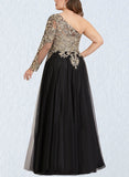 Jessica A-line One Shoulder Floor-Length Lace Tulle Evening Dress With Sequins UKP0020839