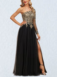 Jessica A-line One Shoulder Floor-Length Lace Tulle Evening Dress With Sequins UKP0020839