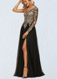 Jessica A-line One Shoulder Floor-Length Lace Tulle Evening Dress With Sequins UKP0020839