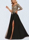 Jessica A-line One Shoulder Floor-Length Lace Tulle Evening Dress With Sequins UKP0020839