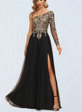 Jessica A-line One Shoulder Floor-Length Lace Tulle Evening Dress With Sequins UKP0020839