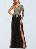 Jessica A-line One Shoulder Floor-Length Lace Tulle Evening Dress With Sequins UKP0020839