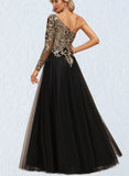 Jessica A-line One Shoulder Floor-Length Lace Tulle Evening Dress With Sequins UKP0020839