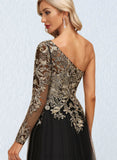 Jessica A-line One Shoulder Floor-Length Lace Tulle Evening Dress With Sequins UKP0020839