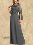 Kathryn A-line Scoop Floor-Length Chiffon Lace Evening Dress With Pleated Sequins UKP0020841