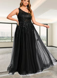 Roberta A-line One Shoulder Floor-Length Lace Tulle Prom Dresses With Sequins UKP0020842