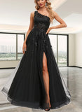 Roberta A-line One Shoulder Floor-Length Lace Tulle Prom Dresses With Sequins UKP0020842