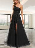 Roberta A-line One Shoulder Floor-Length Lace Tulle Prom Dresses With Sequins UKP0020842