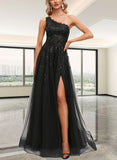 Roberta A-line One Shoulder Floor-Length Lace Tulle Prom Dresses With Sequins UKP0020842