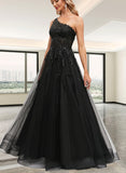 Roberta A-line One Shoulder Floor-Length Lace Tulle Prom Dresses With Sequins UKP0020842