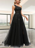 Roberta A-line One Shoulder Floor-Length Lace Tulle Prom Dresses With Sequins UKP0020842