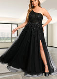 Roberta A-line One Shoulder Floor-Length Lace Tulle Prom Dresses With Sequins UKP0020842