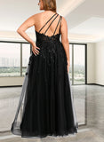 Roberta A-line One Shoulder Floor-Length Lace Tulle Prom Dresses With Sequins UKP0020842