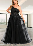 Roberta A-line One Shoulder Floor-Length Lace Tulle Prom Dresses With Sequins UKP0020842