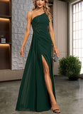 Amira Trumpet/Mermaid One Shoulder Floor-Length Chiffon Evening Dress With Pleated Appliques Lace Sequins UKP0020843