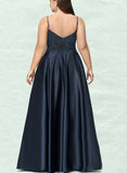 Johanna A-line V-Neck Floor-Length Lace Satin Prom Dresses With Sequins UKP0020847