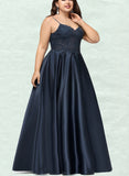 Johanna A-line V-Neck Floor-Length Lace Satin Prom Dresses With Sequins UKP0020847