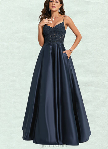 Johanna A-line V-Neck Floor-Length Lace Satin Prom Dresses With Sequins UKP0020847