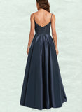 Johanna A-line V-Neck Floor-Length Lace Satin Prom Dresses With Sequins UKP0020847