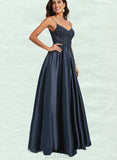 Johanna A-line V-Neck Floor-Length Lace Satin Prom Dresses With Sequins UKP0020847