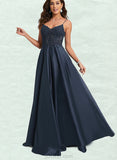 Johanna A-line V-Neck Floor-Length Lace Satin Prom Dresses With Sequins UKP0020847