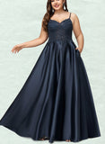 Johanna A-line V-Neck Floor-Length Lace Satin Prom Dresses With Sequins UKP0020847