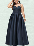 Johanna A-line V-Neck Floor-Length Lace Satin Prom Dresses With Sequins UKP0020847