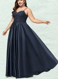 Johanna A-line V-Neck Floor-Length Lace Satin Prom Dresses With Sequins UKP0020847