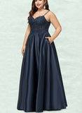 Johanna A-line V-Neck Floor-Length Lace Satin Prom Dresses With Sequins UKP0020847