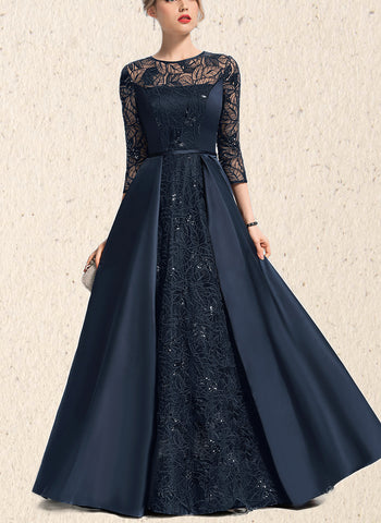 Brylee A-line Scoop Illusion Floor-Length Lace Satin Evening Dress With Sequins UKP0020848