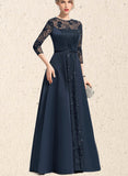 Brylee A-line Scoop Illusion Floor-Length Lace Satin Evening Dress With Sequins UKP0020848