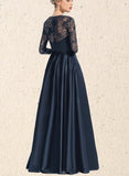 Brylee A-line Scoop Illusion Floor-Length Lace Satin Evening Dress With Sequins UKP0020848