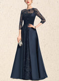 Brylee A-line Scoop Illusion Floor-Length Lace Satin Evening Dress With Sequins UKP0020848