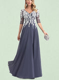 Karlee A-line V-Neck Floor-Length Chiffon Lace Evening Dress UKP0020852